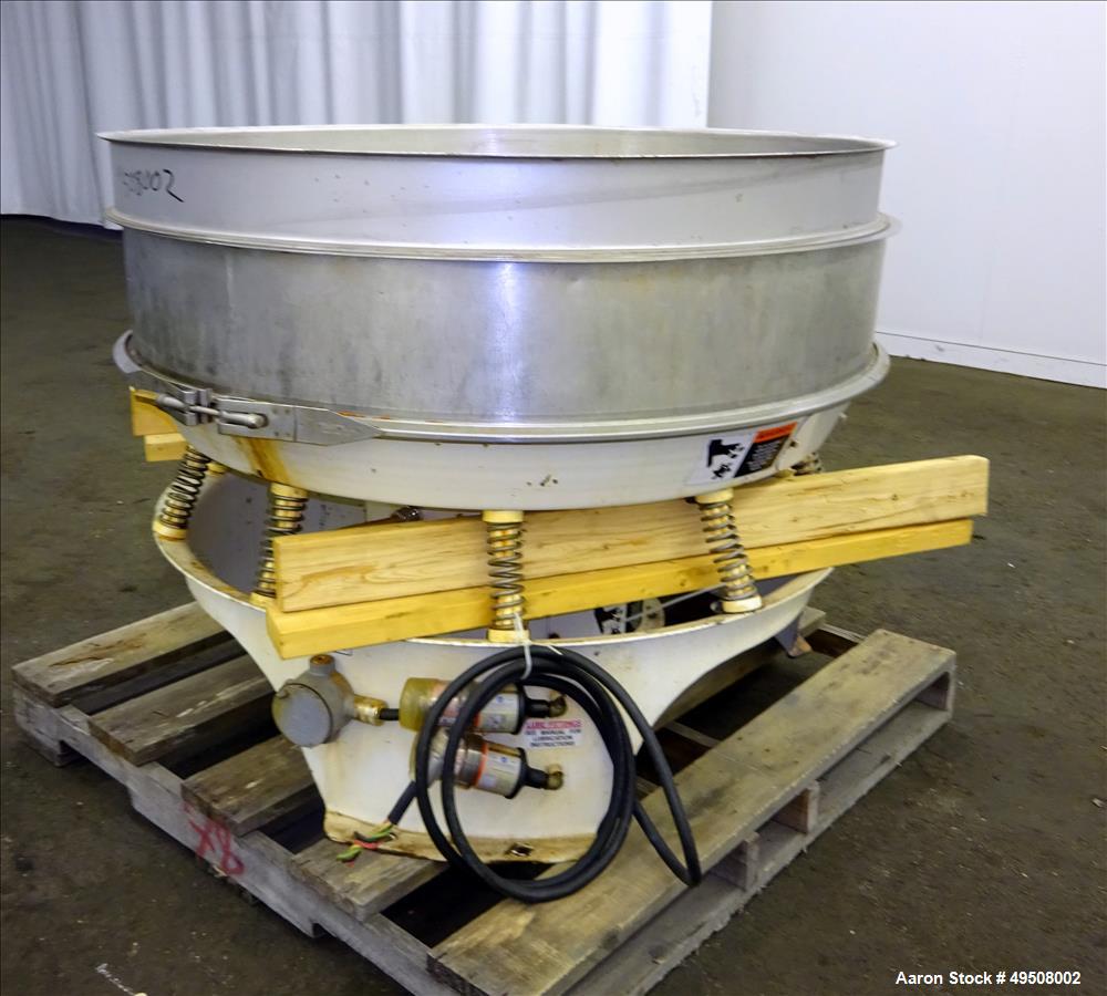 Used Sweco Screener, Model MX48S88TL, 304/316 Stainless Steel, 48" Diameter. Bottom distribution deck only -no screens. Driven by a 2.5 HP, 3/60/460 volt, 1160 rpm motor. Mounted on carbon steel base...