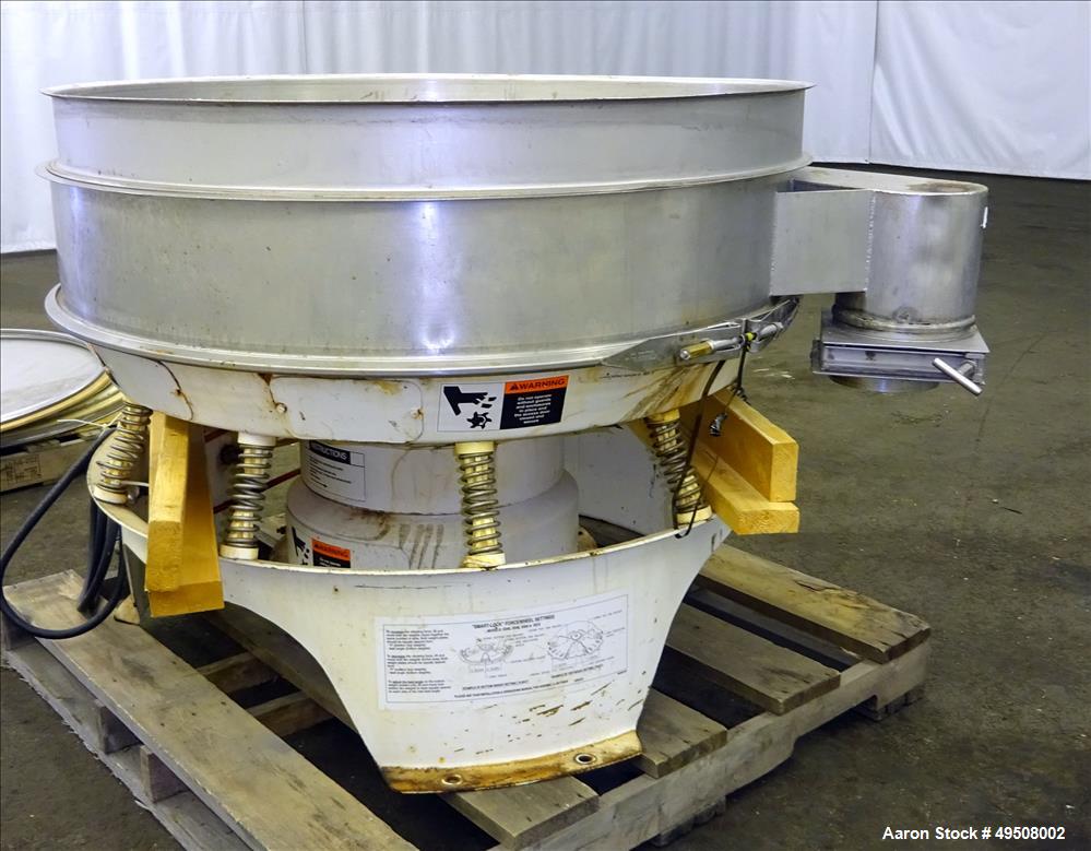Used Sweco Screener, Model MX48S88TL, 304/316 Stainless Steel, 48" Diameter. Bottom distribution deck only -no screens. Driven by a 2.5 HP, 3/60/460 volt, 1160 rpm motor. Mounted on carbon steel base...
