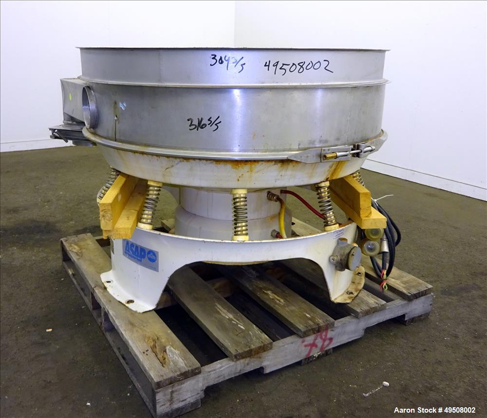 Used Sweco Screener, Model MX48S88TL, 304/316 Stainless Steel, 48" Diameter. Bottom distribution deck only -no screens. Driven by a 2.5 HP, 3/60/460 volt, 1160 rpm motor. Mounted on carbon steel base...