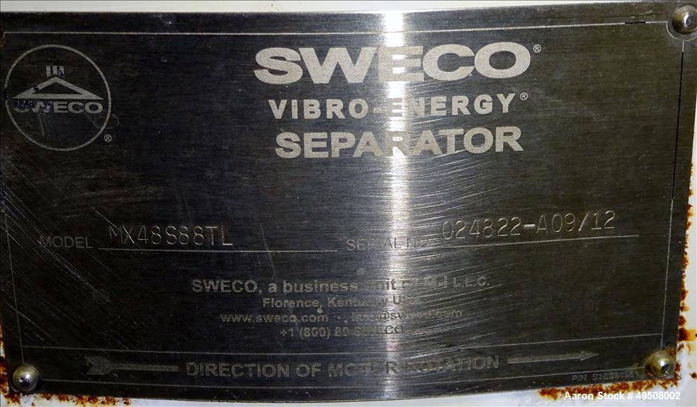 Used Sweco Screener, Model MX48S88TL, 304/316 Stainless Steel, 48" Diameter. Bottom distribution deck only -no screens. Driven by a 2.5 HP, 3/60/460 volt, 1160 rpm motor. Mounted on carbon steel base...