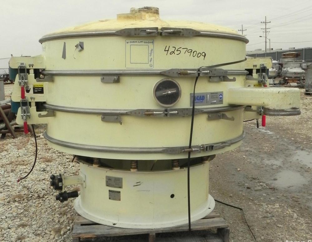 Used Sweco Screener, Model XS60C888, Carbon Steel. 60" Diameter, double deck, 3 separation. Includes a top cover. Driven by a 2 1/2 HP, 3/60/460 Volt, 1160 RPM motor. Mounted on a carbon steel base.