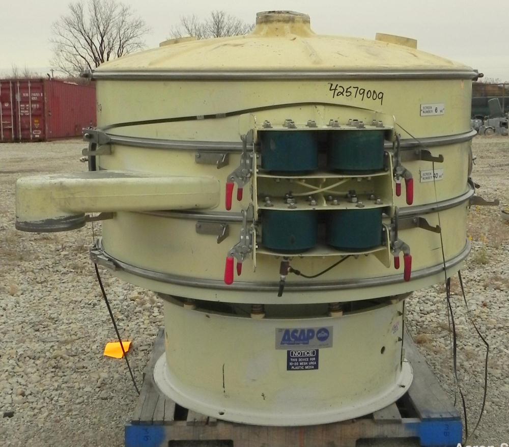 Used Sweco Screener, Model XS60C888, Carbon Steel. 60" Diameter, double deck, 3 separation. Includes a top cover. Driven by a 2 1/2 HP, 3/60/460 Volt, 1160 RPM motor. Mounted on a carbon steel base.
