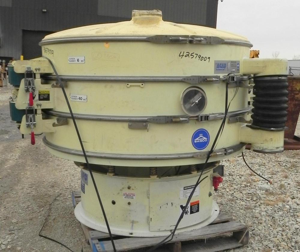 Used Sweco Screener, Model XS60C888, Carbon Steel. 60" Diameter, double deck, 3 separation. Includes a top cover. Driven by a 2 1/2 HP, 3/60/460 Volt, 1160 RPM motor. Mounted on a carbon steel base.