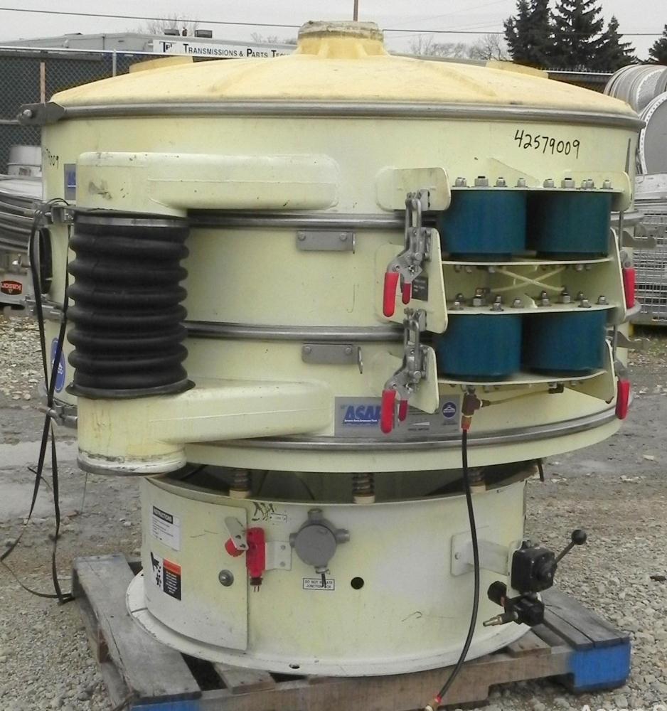 Used Sweco Screener, Model XS60C888, Carbon Steel. 60" Diameter, double deck, 3 separation. Includes a top cover. Driven by a 2 1/2 HP, 3/60/460 Volt, 1160 RPM motor. Mounted on a carbon steel base.
