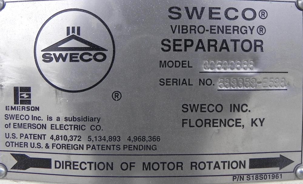 Used Sweco Screener, Model XS60C888, Carbon Steel. 60" Diameter, double deck, 3 separation. Includes a top cover. Driven by a 2 1/2 HP, 3/60/460 Volt, 1160 RPM motor. Mounted on a carbon steel base.