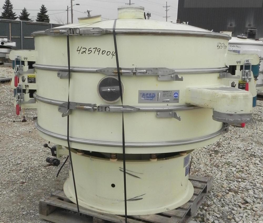 Used Sweco Screener, Model QC60C888, Carbon Steel. 60" Diameter, double deck, 3 separation. Includes a top cover. Driven by a 2 1/2 HP, 3/60/460 Volt, 1160 RPM motor. Mounted on a carbon steel base.