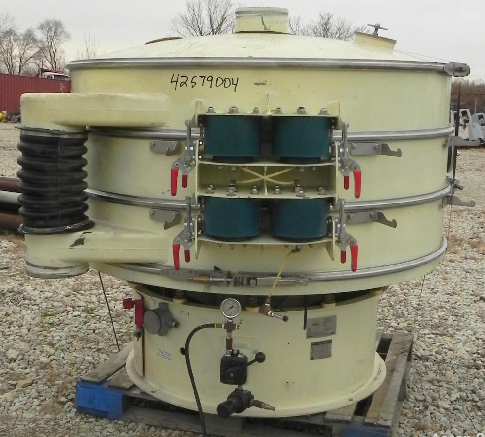 Used Sweco Screener, Model QC60C888, Carbon Steel. 60" Diameter, double deck, 3 separation. Includes a top cover. Driven by a 2 1/2 HP, 3/60/460 Volt, 1160 RPM motor. Mounted on a carbon steel base.