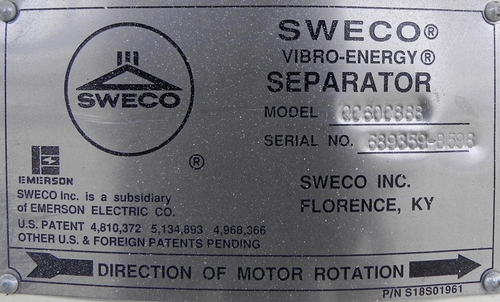 Used- Sweco Screener, Model QC60C888, Carbon Steel. 60" Diameter, double deck, 3 separation. Includes a top cover. Driven by...