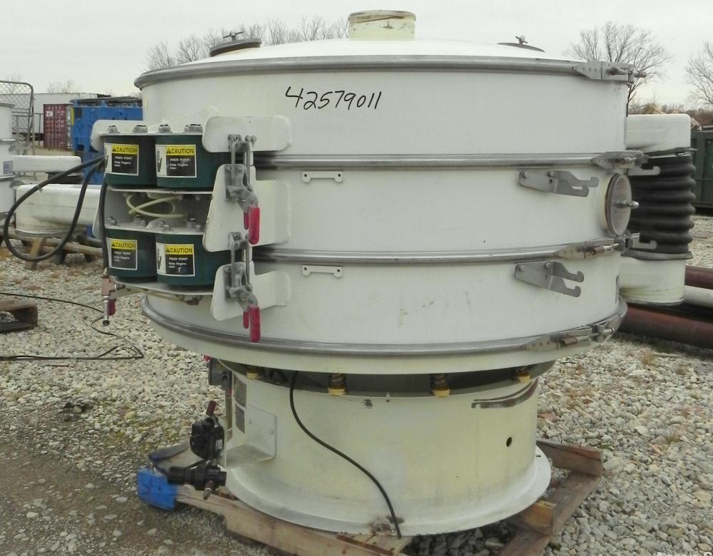 Used Sweco Screener, Model QC60C888, Carbon Steel. 60" Diameter, double deck, 3 separation. Includes a top cover. Driven by a 2 1/2 HP, 3/60/460 Volt, 1160 RPM motor. Mounted on a carbon steel base.