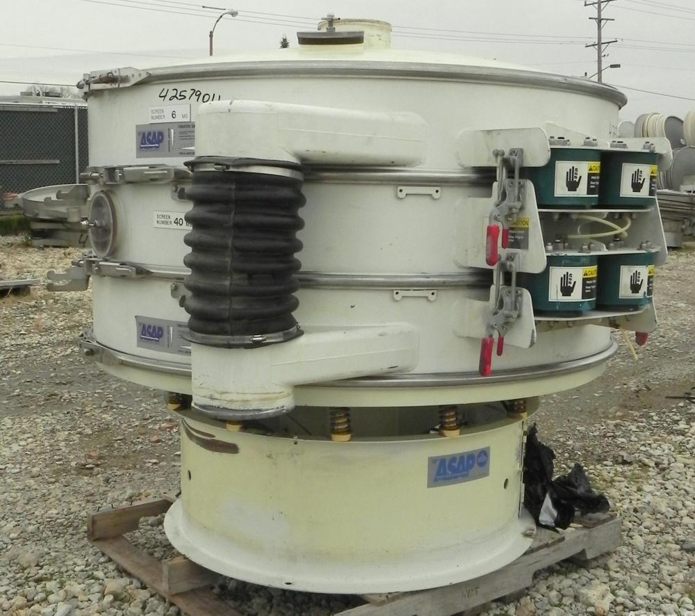 Used Sweco Screener, Model QC60C888, Carbon Steel. 60" Diameter, double deck, 3 separation. Includes a top cover. Driven by a 2 1/2 HP, 3/60/460 Volt, 1160 RPM motor. Mounted on a carbon steel base.