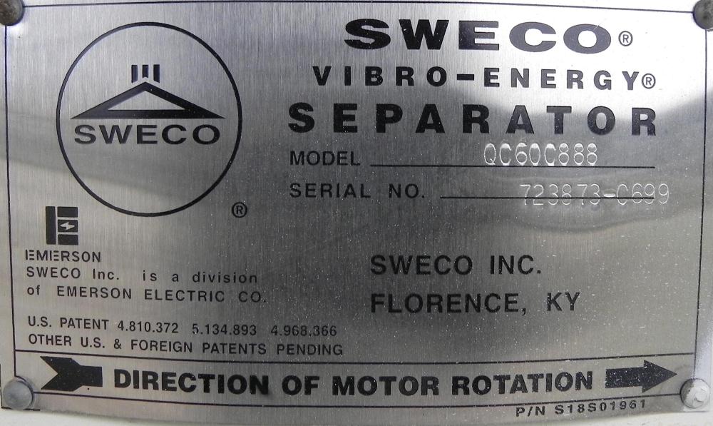 Used Sweco Screener, Model QC60C888, Carbon Steel. 60" Diameter, double deck, 3 separation. Includes a top cover. Driven by a 2 1/2 HP, 3/60/460 Volt, 1160 RPM motor. Mounted on a carbon steel base.