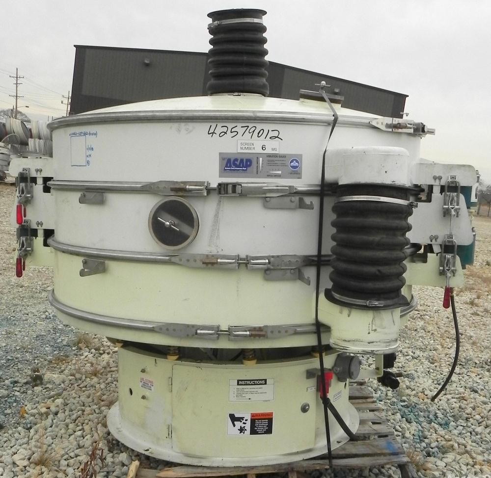 Used Sweco Screener, Model QC60C888, Carbon Steel. 60" Diameter, double deck, 3 separation. Includes a top cover. Driven by a 2 1/2 HP, 3/60/460 Volt, 1160 RPM motor. Mounted on a carbon steel base.