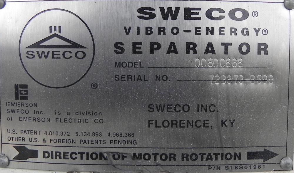 Used Sweco Screener, Model QC60C888, Carbon Steel. 60" Diameter, double deck, 3 separation. Includes a top cover. Driven by a 2 1/2 HP, 3/60/460 Volt, 1160 RPM motor. Mounted on a carbon steel base.