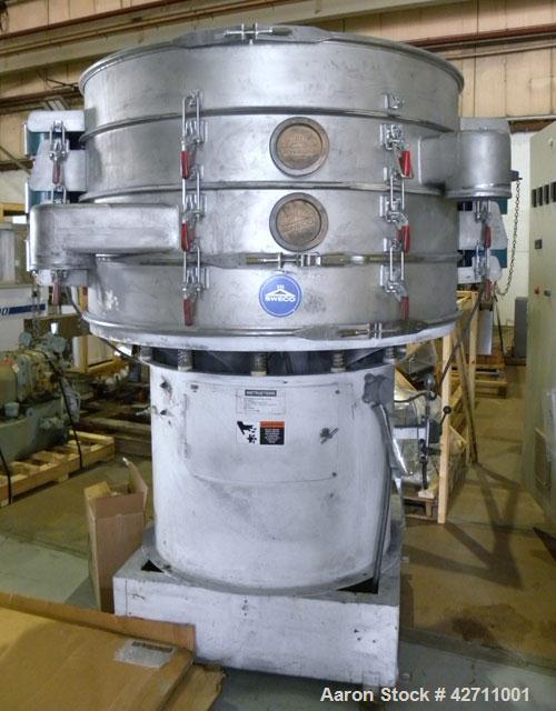Used Sweco Quick Change Screener, Model QC60S888, 304 Stainless Steel. 60" Diameter, triple deck, 4 separation. Includes a top cover, and a pneumatic quick change lifter. Driven by a 2.5 hp, 3/60/230...