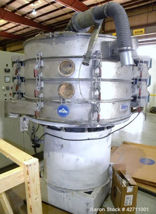 Used Sweco Quick Change Screener, Model QC60S888, 304 Stainless Steel. 60" Diameter, triple deck, 4 separation. Includes a top cover, and a pneumatic quick change lifter. Driven by a 2.5 hp, 3/60/230...