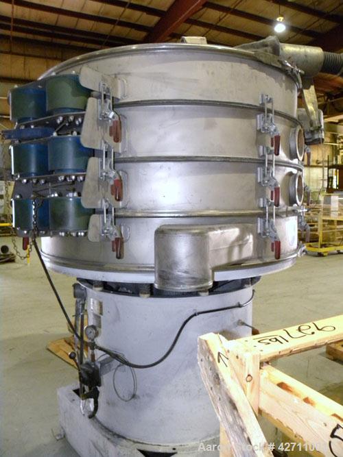 Used Sweco Quick Change Screener, Model QC60S888, 304 Stainless Steel. 60" Diameter, triple deck, 4 separation. Includes a top cover, and a pneumatic quick change lifter. Driven by a 2.5 hp, 3/60/230...