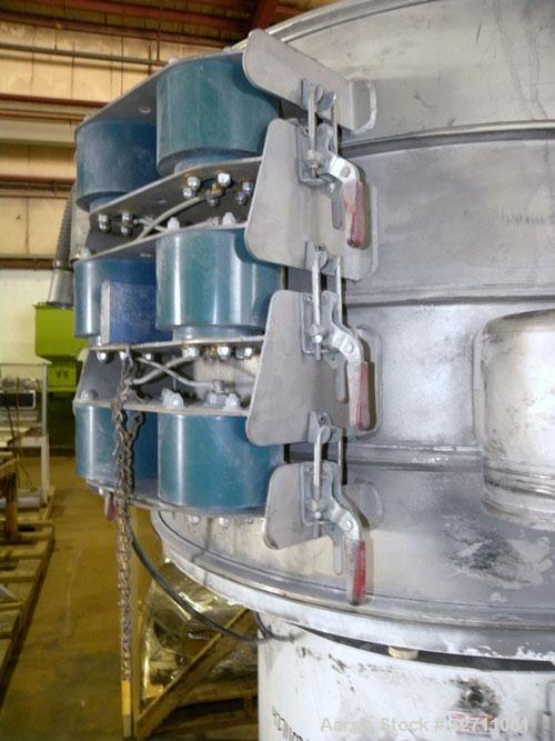 Used Sweco Quick Change Screener, Model QC60S888, 304 Stainless Steel. 60" Diameter, triple deck, 4 separation. Includes a top cover, and a pneumatic quick change lifter. Driven by a 2.5 hp, 3/60/230...