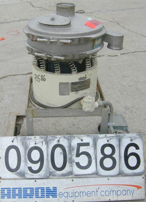 Used Sweco Screener, Model S18S3333, 316 Stainless Steel.  18" Diameter, bottom deck only.  Driven by a 1/4 hp, 3/60/220 volt, 1140 rpm motor. Mounted on a carbon steel base on casters.
