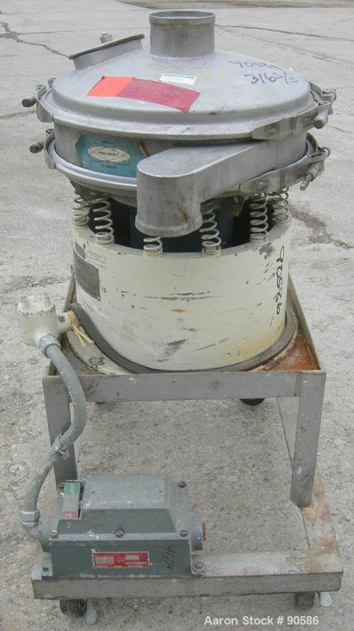 Used Sweco Screener, Model S18S3333, 316 Stainless Steel.  18" Diameter, bottom deck only.  Driven by a 1/4 hp, 3/60/220 volt, 1140 rpm motor. Mounted on a carbon steel base on casters.

