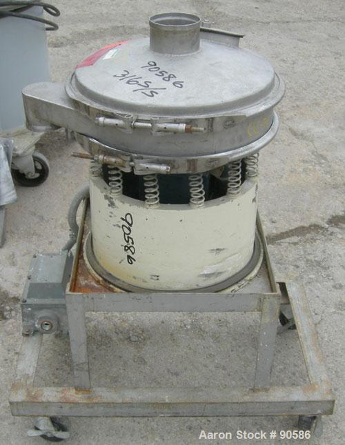 Used Sweco Screener, Model S18S3333, 316 Stainless Steel.  18" Diameter, bottom deck only.  Driven by a 1/4 hp, 3/60/220 volt, 1140 rpm motor. Mounted on a carbon steel base on casters.
