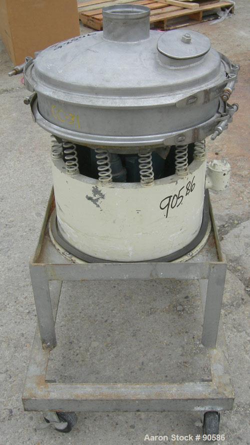 Used Sweco Screener, Model S18S3333, 316 Stainless Steel.  18" Diameter, bottom deck only.  Driven by a 1/4 hp, 3/60/220 volt, 1140 rpm motor. Mounted on a carbon steel base on casters.
