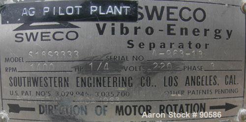 Used Sweco Screener, Model S18S3333, 316 Stainless Steel.  18" Diameter, bottom deck only.  Driven by a 1/4 hp, 3/60/220 volt, 1140 rpm motor. Mounted on a carbon steel base on casters.
