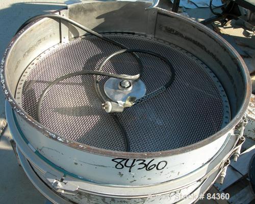 USED: Sweco screener, model S30C66, carbon steel. 30" diameter, single deck, 2 separation, no top cover. Driven by a 1/2 hp, 3/60/220/440 volt, 1140 rpm motor. Mounted on a 19" high carbon steel tabl...