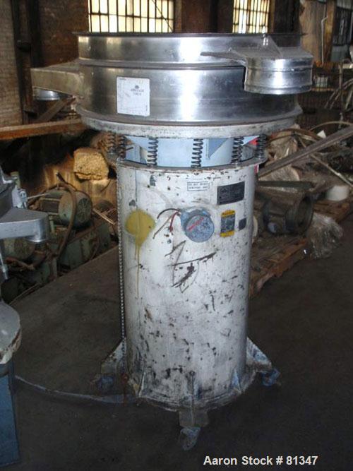 Used Sweco Screener, 30" Diameter, Model S30D81400, Stainless Steel. Single deck, no top cover. Driven by a 1/2hp, 3/60/575 volt, 1140 rpm motor. Mounted on a carbon steel stand.
