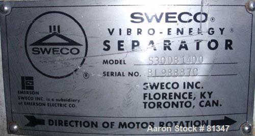 Used Sweco Screener, 30" Diameter, Model S30D81400, Stainless Steel. Single deck, no top cover. Driven by a 1/2hp, 3/60/575 volt, 1140 rpm motor. Mounted on a carbon steel stand.