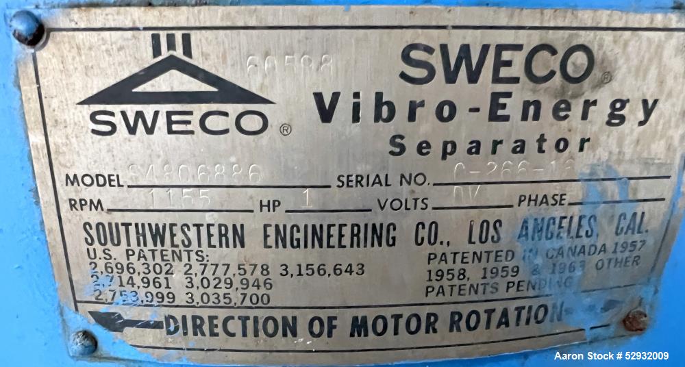 Used Sweco Sifter / Screener, Model S4806886, 48" Diameter, Stainless Steel. Single deck, 2 separation. Requires screen. Driven by a 1hp, 3/60/208-220/440 volt, 1755rpm motor. Clamp-on top cover with...