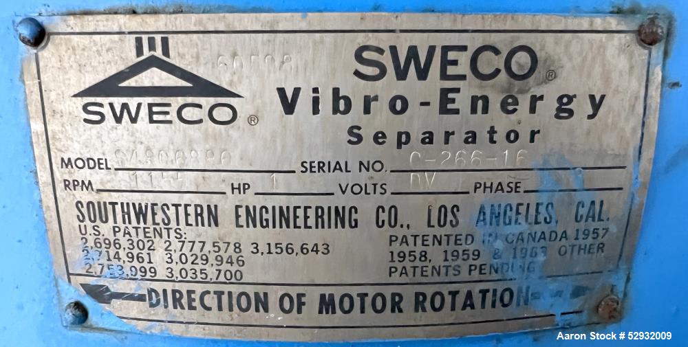 Used Sweco Sifter / Screener, Model S4806886, 48" Diameter, Stainless Steel. Single deck, 2 separation. Requires screen. Driven by a 1hp, 3/60/208-220/440 volt, 1755rpm motor. Clamp-on top cover with...