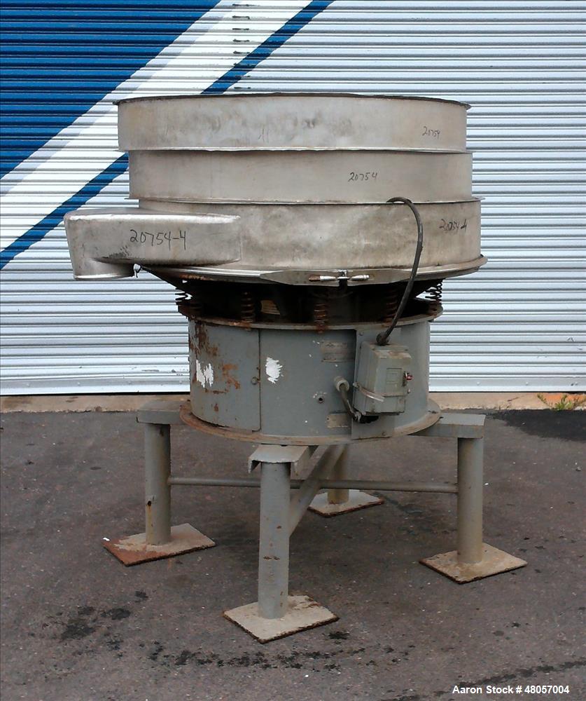 Used Sweco Screener, Model S48C8666, Stainless Steel. 48" Diameter. No screens. Driven by an approximate 2.5hp motor. (2) Retaining Rings w/ Associated Stand. Incomplete.