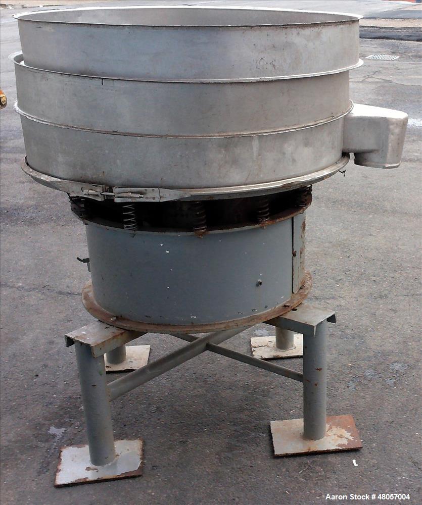 Used Sweco Screener, Model S48C8666, Stainless Steel. 48" Diameter. No screens. Driven by an approximate 2.5hp motor. (2) Retaining Rings w/ Associated Stand. Incomplete.