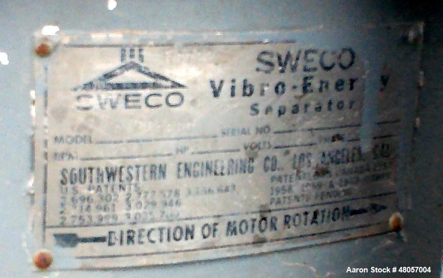 Used Sweco Screener, Model S48C8666, Stainless Steel. 48" Diameter. No screens. Driven by an approximate 2.5hp motor. (2) Retaining Rings w/ Associated Stand. Incomplete.