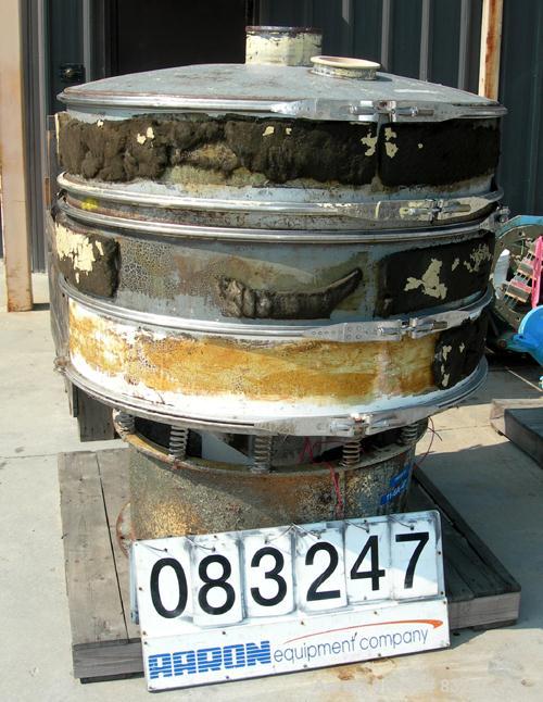 Used Sweco Screener, Model S48C885, Carbon Steel. 48" Diameter, double deck, 3 separation, includes top cover. Driven by a 2 hp, 3/60/208-220/440 volt, 1120 rpm motor. Mounted on a carbon steel base.
