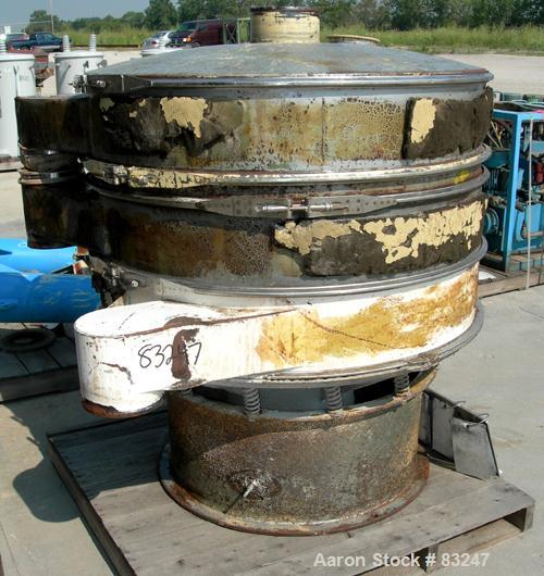 Used Sweco Screener, Model S48C885, Carbon Steel. 48" Diameter, double deck, 3 separation, includes top cover. Driven by a 2 hp, 3/60/208-220/440 volt, 1120 rpm motor. Mounted on a carbon steel base.