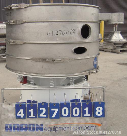 Used Sweco Screener, Model S48C886, 304 stainless steel. 48" diameter, triple deck, 4 separation. Plastic top cover. Driven by a 2.5 hp, 3/60/230 volt, 1150 rpm motor. Mounted on a carbon steel base.