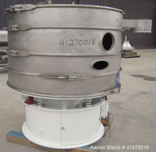 Used- Sweco Screener, Model S48C886, 304 stainless steel. 48" diameter, triple deck, 4 separation. Plastic top cover. Driven...