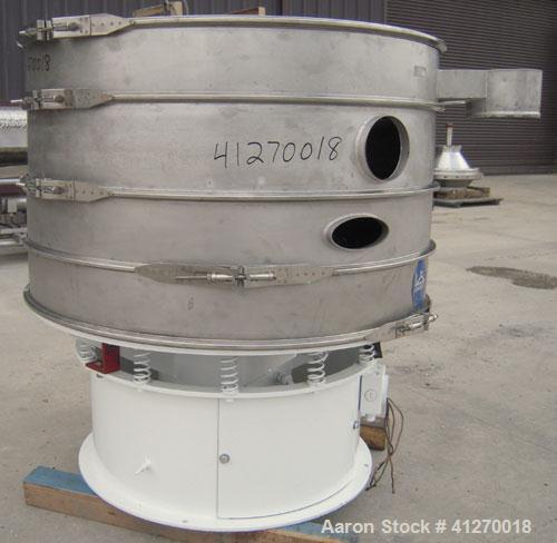 Used Sweco Screener, Model S48C886, 304 stainless steel. 48" diameter, triple deck, 4 separation. Plastic top cover. Driven by a 2.5 hp, 3/60/230 volt, 1150 rpm motor. Mounted on a carbon steel base.