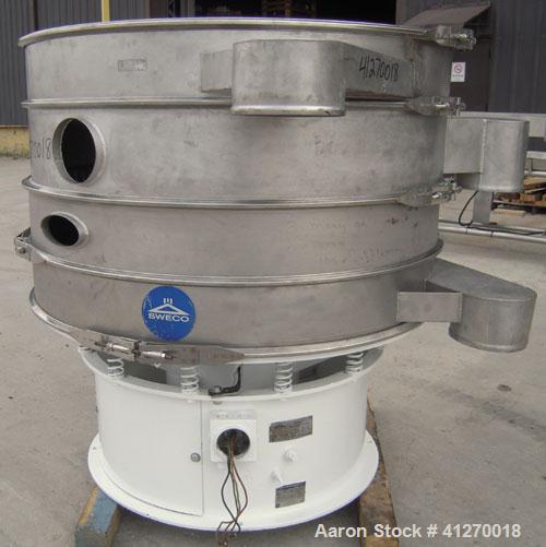 Used Sweco Screener, Model S48C886, 304 stainless steel. 48" diameter, triple deck, 4 separation. Plastic top cover. Driven by a 2.5 hp, 3/60/230 volt, 1150 rpm motor. Mounted on a carbon steel base.