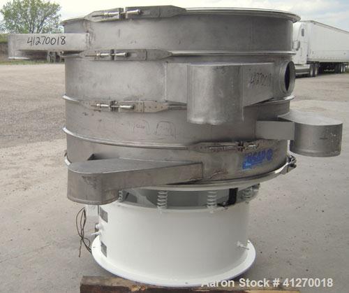 Used Sweco Screener, Model S48C886, 304 stainless steel. 48" diameter, triple deck, 4 separation. Plastic top cover. Driven by a 2.5 hp, 3/60/230 volt, 1150 rpm motor. Mounted on a carbon steel base.