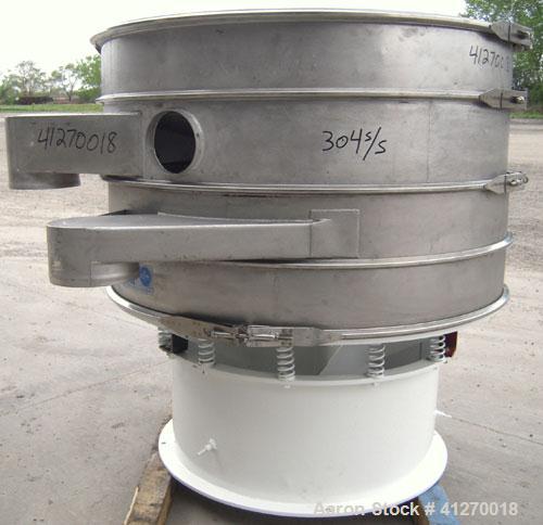 Used Sweco Screener, Model S48C886, 304 stainless steel. 48" diameter, triple deck, 4 separation. Plastic top cover. Driven by a 2.5 hp, 3/60/230 volt, 1150 rpm motor. Mounted on a carbon steel base.