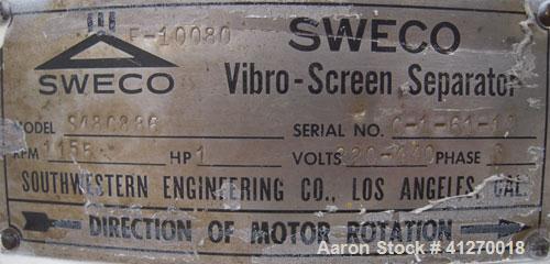 Used Sweco Screener, Model S48C886, 304 stainless steel. 48" diameter, triple deck, 4 separation. Plastic top cover. Driven by a 2.5 hp, 3/60/230 volt, 1150 rpm motor. Mounted on a carbon steel base.
