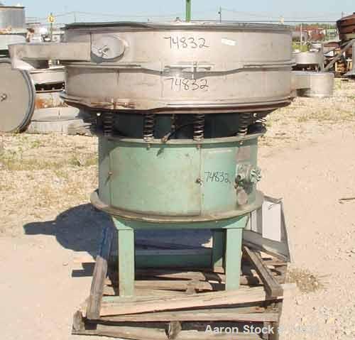 USED: Sweco screener, model S48S66, stainless steel. 48" diameter,single deck, 2 separation, no top cover. Driven by a 1 hp, 3/60/550volt, 1155 rpm motor. Mounted on a 20" high carbon steel base.