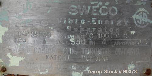 USED: Sweco screener, model S48S86666, 304 stainless steel. 48" diameter, double deck, 3 separation.Includes top cover. Driven by a 2 hp, 3/60/220-440 volt, 1155 rpm motor. Mounted on a carbon steel ...