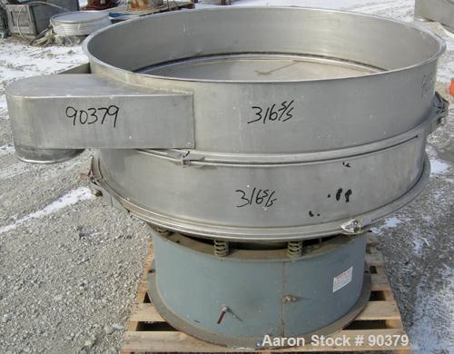 USED: Sweco screener, model S48S86666, 304 stainless steel. 48" diameter, single deck, 2 separation. No top cover. Driven by a 1 hp, 3/60/550 volt, 1155 rpm motor. Mounted on a carbon steel base.