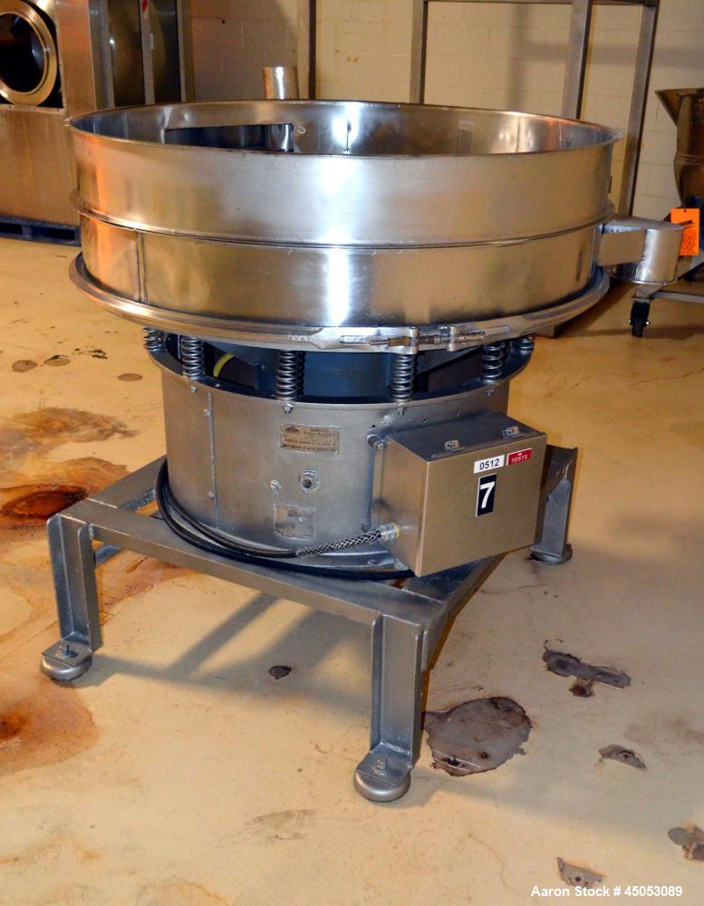 Used Sweco Screener, Model S48S86, Stainless Steel. 48" Diameter single deck, 2 separation, no top cover, approximate 1hp motor. Mounted on a carbon steel base, and frame. Serial# C-262-6.