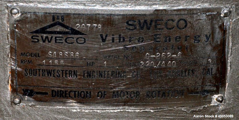 Used Sweco Screener, Model S48S86, Stainless Steel. 48" Diameter single deck, 2 separation, no top cover, approximate 1hp motor. Mounted on a carbon steel base, and frame. Serial# C-262-6.