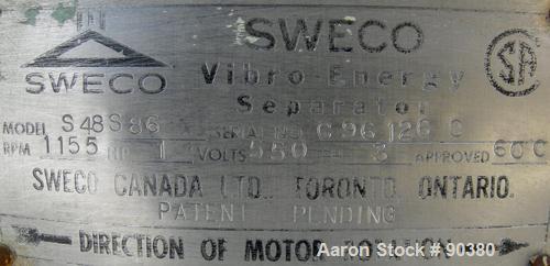 USED: Sweco Screener, Model S48S86, 304/316 stainless steel.48" diameter, single deck, 2 separation.No top cover or screens.Driven by a 1 hp, 3/60/550 volt, 1155 rpm motor.Mounted on a carbon steel b...