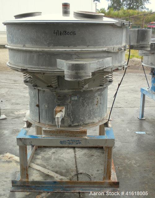 Used Sweco Screener, Model S48S888, 316 Stainless Steel. 48" diameter, single deck, 2 separation. Top cover. Driven by a 1 hp, 3/60/208-220/440 Volt, 1155 RPM Motor. Mounted on a 21" high carbon stee...